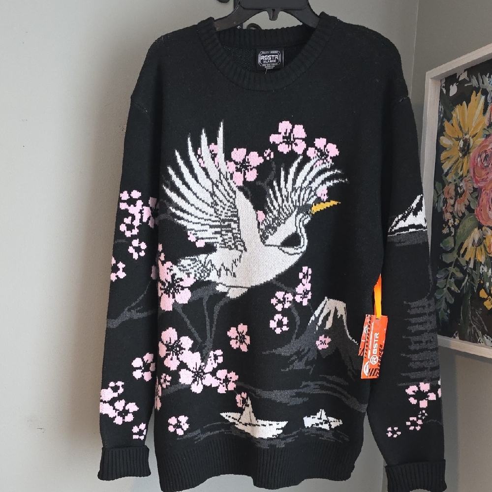 🆕️ RGSTR Black Eclectic Style Sweater with Pink Crane Design Mens Size XL NWT